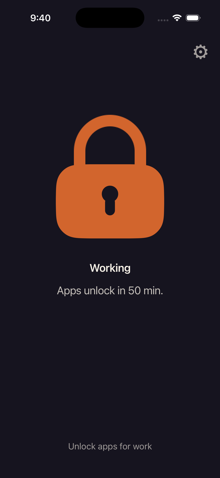 Home during a work session: a closed lock, the status Working, the line Apps unlock in 50 min, and an Unlock apps for work link.
